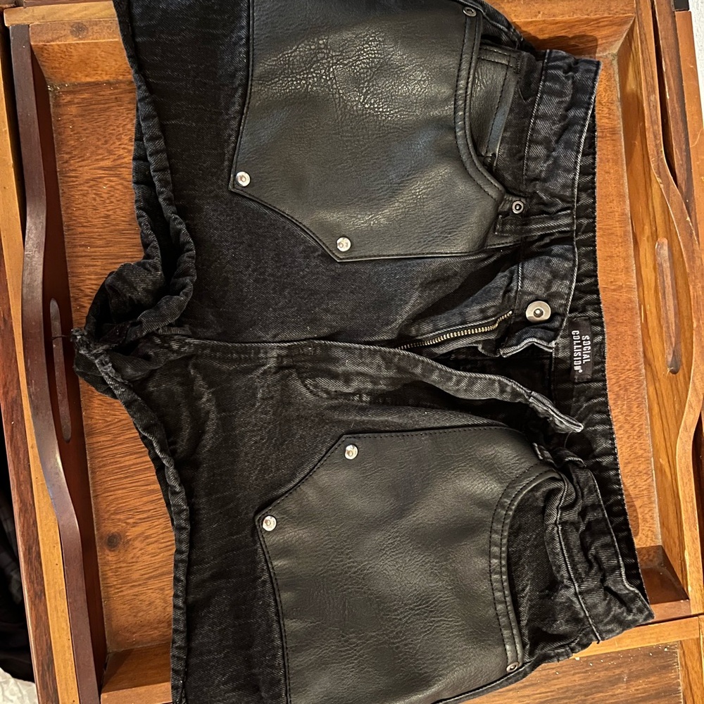 Black Denim Shorts with Faux Leather Pockets